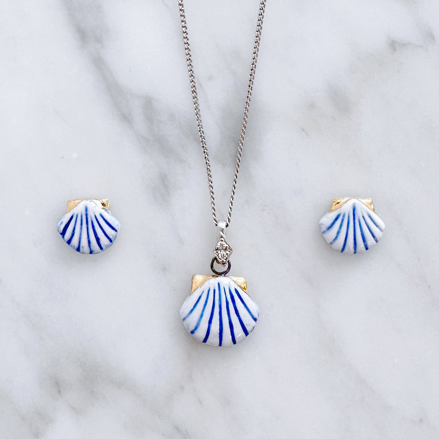Camino de Santiago Ceramic Blue Shell Necklace Earring Jewelry Silver